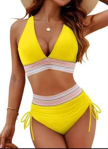 Conjunto de bikini sexy para mujer, cuello en V, cintura alta, parte inferior fruncida con ribete colorido, traje de baño de dos piezas - Product Image 4
