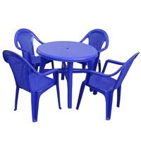 Juego de Comedor de Plástico para Patio, 1 Mesa y 4 Sillas, Sillas con Reposabrazos de Malla Transpirable Azul Brillante, Mesa Redonda, para Restaurante al Aire Libre