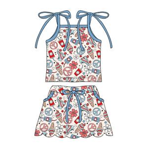 ชุดเสื้อผ้าเด็กผู้หญิงลายธงชาติอเมริกา สำหรับฤดูใบไม้ผลิและฤดูใบไม้ร่วง ผ้าวอร์สเตด ระบายอากาศได้ดี เหมาะสำหรับวันชาติอเมริกา 4 กรกฎาคม  ประกอบด้วยเสื้อและกางเกงขาสั้น - Product Image 2