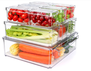 Paquete de 10 contenedores Organizadores de plástico transparente para refrigerador, tapas apilables para almacenamiento de alimentos, nevera, bebidas, frutas, encimeras de cocina - Product Image 1