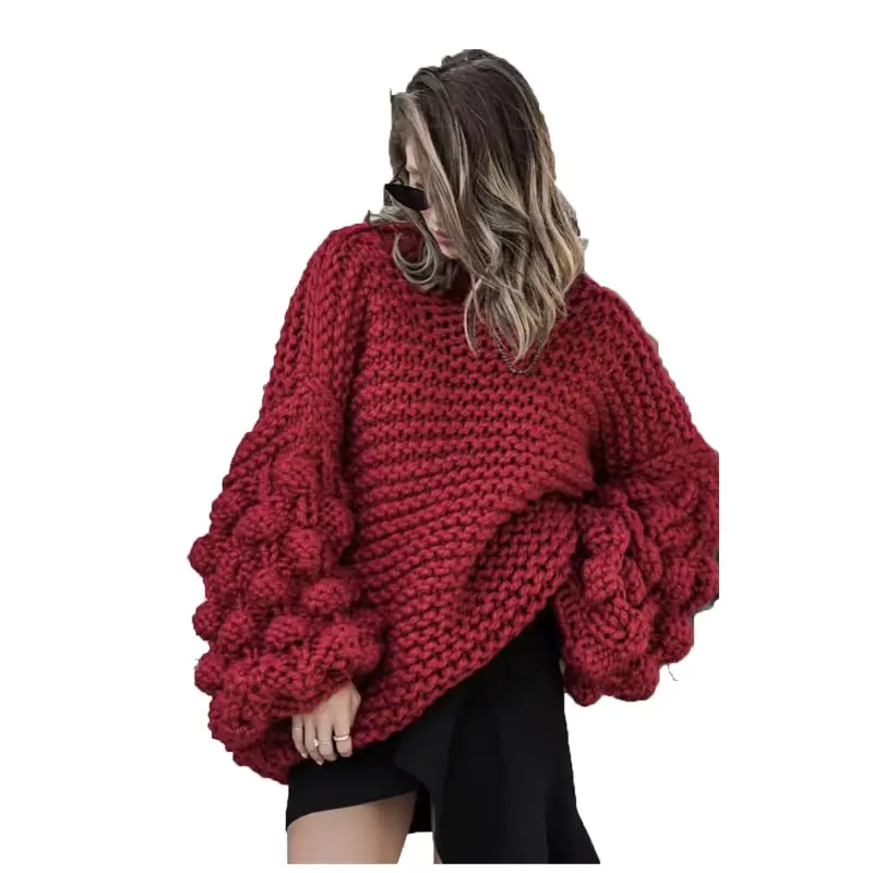 Suéter tejido a mano para mujer, Jersey de manga abombada con bola caliente gruesa y gruesa, elegante, para otoño e invierno, nuevo diseño