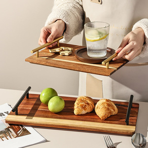 Acacia wood rectangular wooden <b>tray</b> with metal handle, practical household breakfast plate, fruit plate, <b>tea</b> plate, - Product Image 1