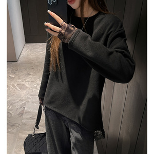 <span class=keywords><strong>T</strong></span>-<span class=keywords><strong>shirt</strong></span> à manches longues en velours épais avec patchwork de dentelle pour <span class=keywords><strong>femme</strong></span>, coupe ample amincissante, chemise intérieure, chemisier - Product Image 3