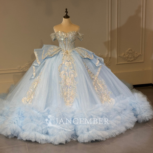 Xs319 Modern Stunning <b>Sky</b> <b>Blue</b> Sweetheart Gold Baroque Scroll Crystal Bow Floor-Length Ball Gown Ruffle Hem Quinceanera Dress - Product Image 3