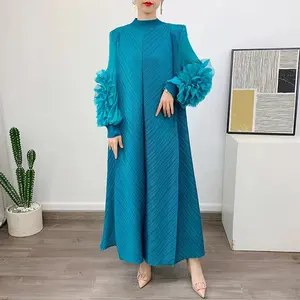डिजाइन भावना लंबी पोशाक लोकप्रिय नई vestido शैली ठोस रंग स्वभाव ढीला बड़े pleated महिलाओं के सुरुचिपूर्ण पोशाक