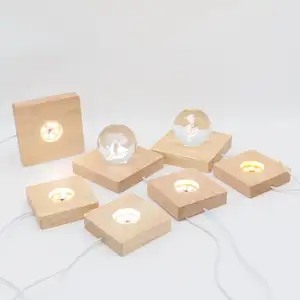 USB Handmade Wood Rectangle Round Oval Shape LED Display Base Resin Art Ornament Wooden Night Lighted Base Stand Crafts