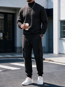<b>Men</b> Cable Knit <b>Turtleneck</b> <b>Sweater</b> Set Solid Color Pullover Jogger Pants 400g Front Logo Autumn Winter Casual Wear - Product Image 3