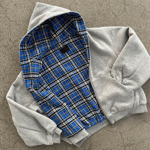 Nouveaux produits – Sweats à capuche décontractés rétro vintage à carreaux bleus avec design patchwork et fermeture éclair double face - Product Image 2