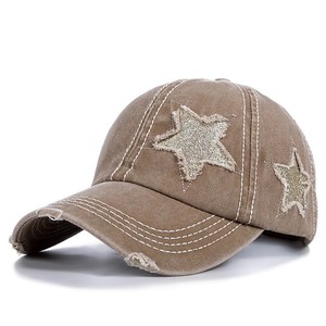 Vintage Washed Cotton Ponytail Baseball Cap with Fringe Glitter Star Patch Distressed Hole Criss Cross Messy Bun Trucker Hat for - Product Image 3
