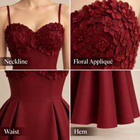 Robe midi femme à marque privée, en tissu lisse avec applique florale, col cœur, bretelles spaghetti, jupe évasée coupe trapèze