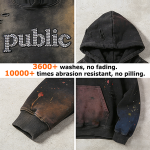 Fabricante de Ropa Personalizada, Sudadera con Capucha para Hombre, Diseño a Mano, Felpa Francesa, Algodón, Corte Cuadrado, Pedrería, Lavado Ácido, Estilo Desgastado - Product Image 2