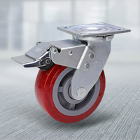 Roda Caster Tugas Berat OEM 4" 5" 6" 8" Baja Berlapis Bubuk dengan Rem Putar Warna Merah Inti Besi Poliuretan Tugas Berat 600kg