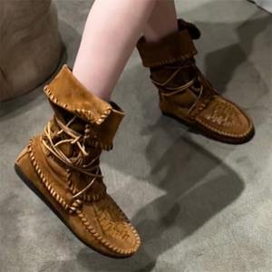 Botas de Mujer Otoño 2025, Nuevas, con Punta Cuadrada, Estilo Retro, Tejidas, de Cuero Genuino, Planas, con Borlas, Ligeras, Estilo Western - Product Image 2