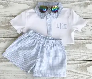 Monogrammed kids boy summer two piece shorts set white polyester pull on toddler boys woven gingham outfit clothes set
