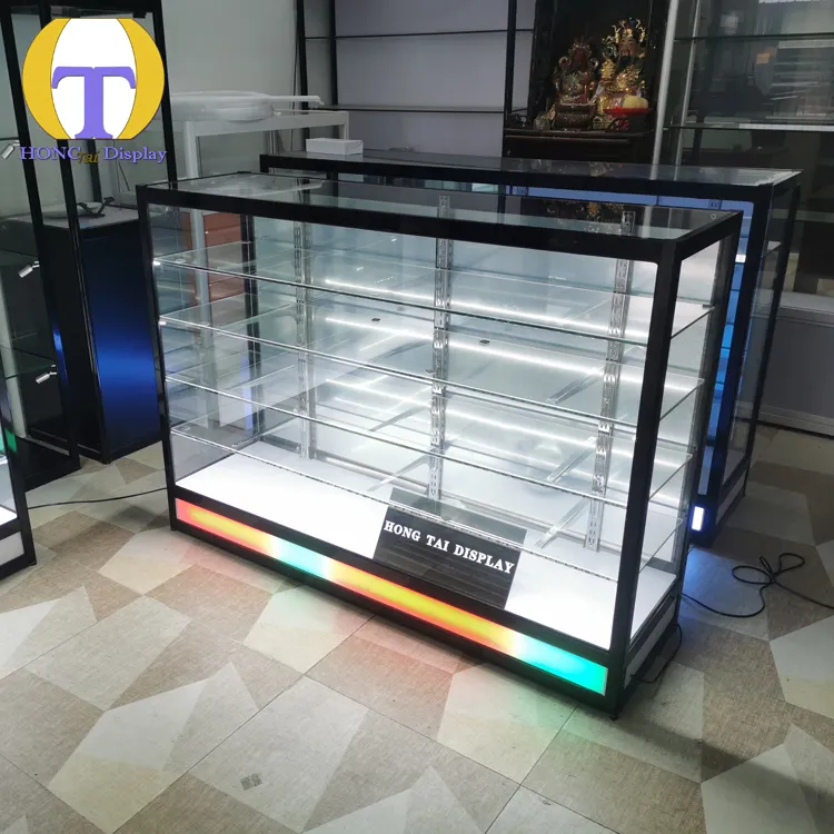 Volledig Zicht Gehard Glas Display Rookwinkel Modern Design Lichte Basis Led Teller