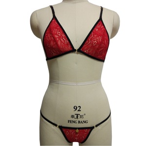 Conjunto de lencería sexy de encaje transparente para mujer, rojo, de algodón, 3 piezas - Product Image 3