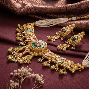 Traditional Gold Plated Green Pink Meenakari Choker Necklace Set With Circular Motifs Drops Matching Earrings For Bridal Wear - Product Image 4