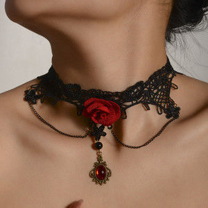 Collar <span class=keywords><strong>de</strong></span> encaje vintage con rosa <span class=keywords><strong>roja</strong></span> para mujer, colgante <span class=keywords><strong>de</strong></span> <span class=keywords><strong>gema</strong></span> con borlas, accesorios <span class=keywords><strong>de</strong></span> joyería para vestido - Product Image 1
