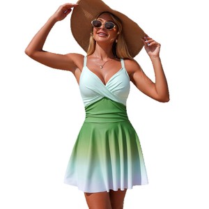 Traje de baño de una pieza para mujer con degradado, estilo halter cruzado y falda, bikini, ropa de playa, moda, ajuste elástico retorcido - Product Image 5