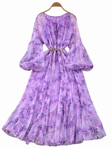 Vestido Largo de Gasa con Cuello Redondo y Estampado Floral, Estilo Primavera-Otoño, Elegante y con Atitude, Ideal para la Hora del Té - Product Image 1