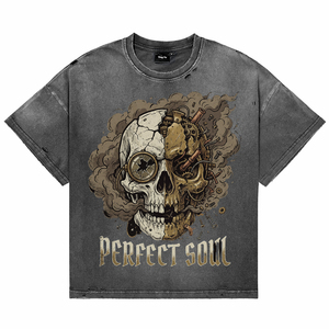 T-shirts pour hommes à manches courtes, col rond, imprimé crâne steampunk, respirants, en coton délavé, style streetwear, coupe classique - Product Image 1