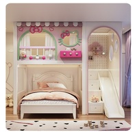 Lit superposé JS au design original en forme de chat, pour chambre de fille, avec escalier, armoire, toboggan et arche, mobilier de chambre de princesse