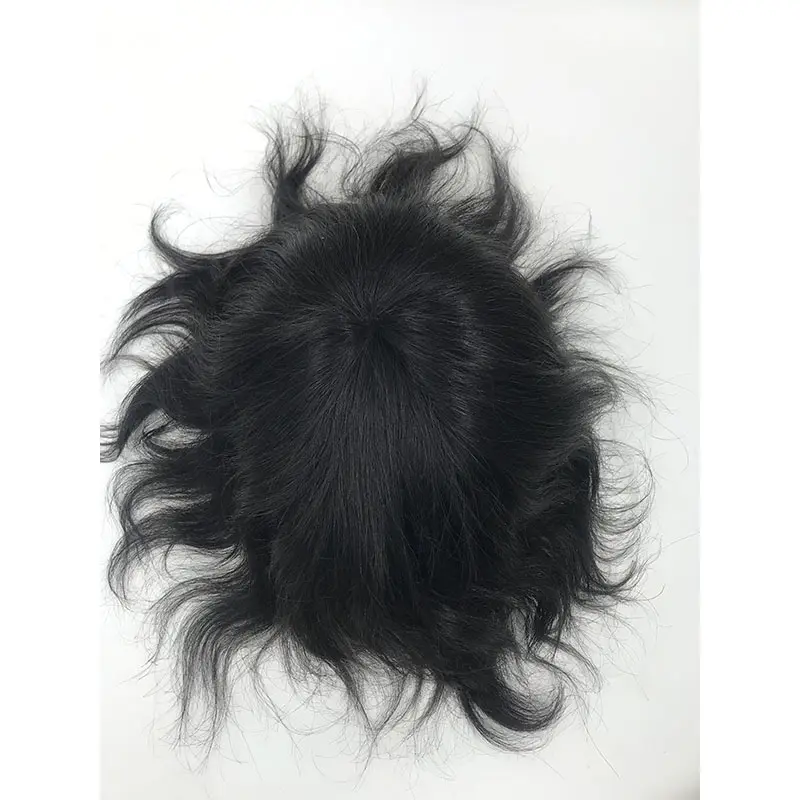 Zwarte Kleur Kort Indiaas Menselijk Haar Patches Sterk Monofilament Top Head Deel Stukken Toupet Voor Dunner Wordend Haarverlies Mannen