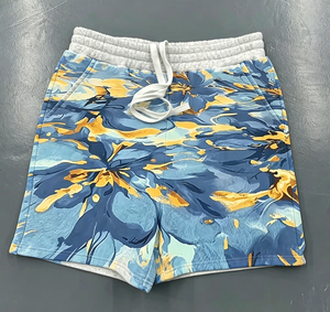 Shorts en molleton gris décontracté 2026 avec appliqué floral bleu, taille élastique, cordon de serrage, poches latérales, coupe ample - Product Image 1