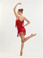 Robe mini rouge à bretelles spaghetti avec paillettes et franges pour femmes adultes, idéale pour les compétitions, les spectacles, la danse latine, vente en gros de vêtements de danse