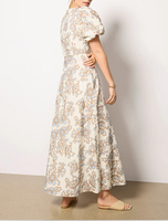 Robe longue élégante vintage à fleurs pour femmes 2025, col en V, manches bouffantes courtes, coupe ajustée, robe longue beige rétro, robe de soirée formelle