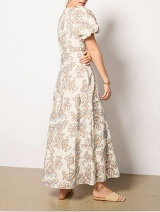 2025 Women's Elegant Vintage Floral <b>Maxi</b> <b>Dress</b> V-Neck Puff Short Sleeve Slim-Fit Long <b>Dress</b> Beige Retro Formal Party <b>Dress</b> - Product Image 2