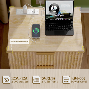 Ensemble de 2 tables de chevet en bois, <span class=keywords><strong>commode</strong></span> à <span class=keywords><strong>3</strong></span> <span class=keywords><strong>tiroirs</strong></span> pour chambre à coucher, tables d'appoint avec station de charge, rangement, table d'appoint - Product Image 2