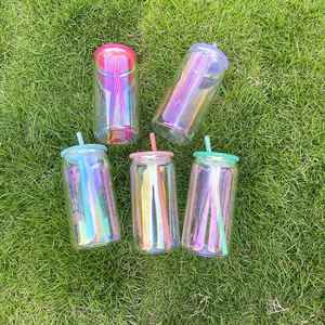 China Warehouse Iridescent Shimmer rainbow Plated Blank Sublimation 16oz <b>Beer</b> Glass Can with Colored Lids and Straw - Product Image 2