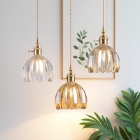 Luminaire suspendu LED réglable en hauteur, style japonais rétro, tout en cuivre, aluminium, verre ambré, petit motif floral, pour chambre, bar, restaurant