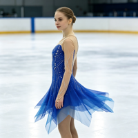 Robe de patinage et de danse dégradé bleu roi pour enfants et adultes, avec manches longues en maille nude et jupe superposée ornée de strass, pour compétition et spectacle de patinage sur glace