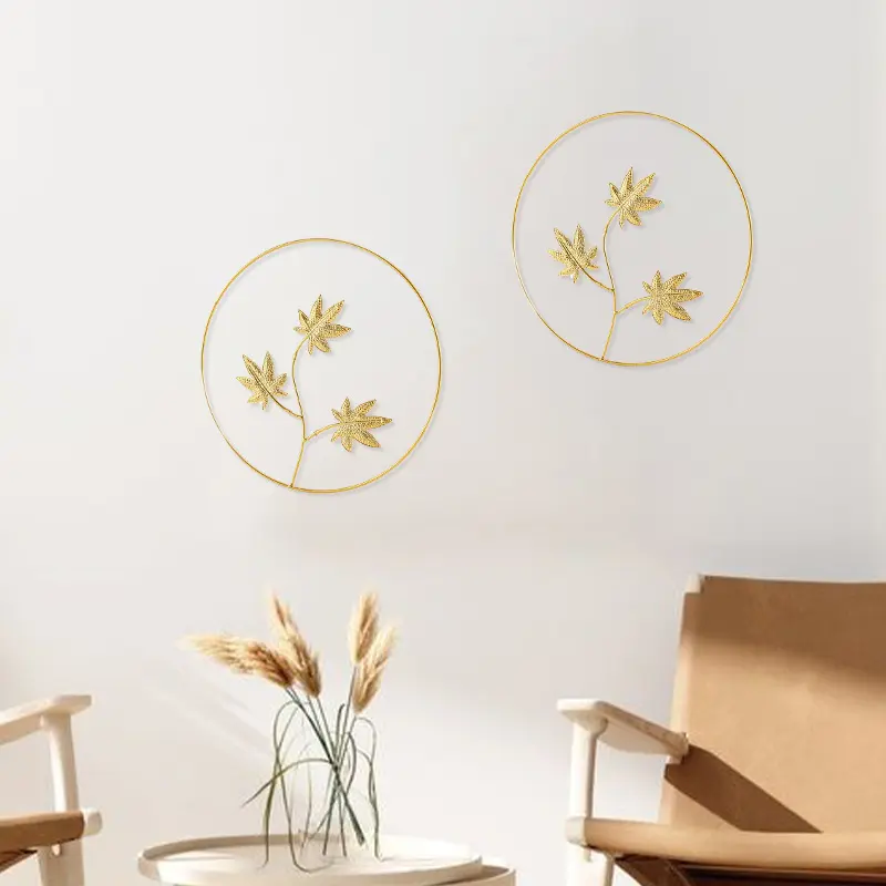 Luxury European style decorative wall hanging display ornament metal craft gold iron circle with leaves