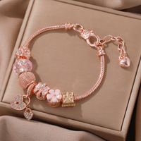 Bracelet à breloques en chaîne serpent or rose, fleur rose, double cœur, strass, perles, bracelets DIY, bijoux de mode pour femmes, cadeau