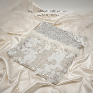 Luxury White Tweed Open Tote <strong>Bag</strong> Ostrich Feather Trim Large Sequin Patchwork Handbag Wedding Bridal Gift Party Custom Logo - Product Image 2