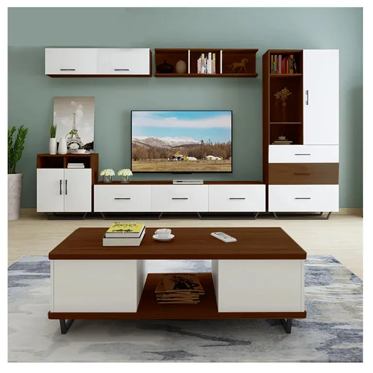 高品質の家全体MDF家具セット木製パネルスタイルのリビングルームの寝室にはコーヒーテーブルが含まれていますテレビスタンドウォールキャビネット