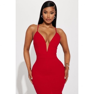 Vestido Elegante y Sexy para Mujer, Diseño Personalizado de Fábrica OEM, Color Rojo, Escote Profundo en V, Forrado, con Volantes, Cierre de Cremallera en la Espalda, Sin Mangas - Product Image 1