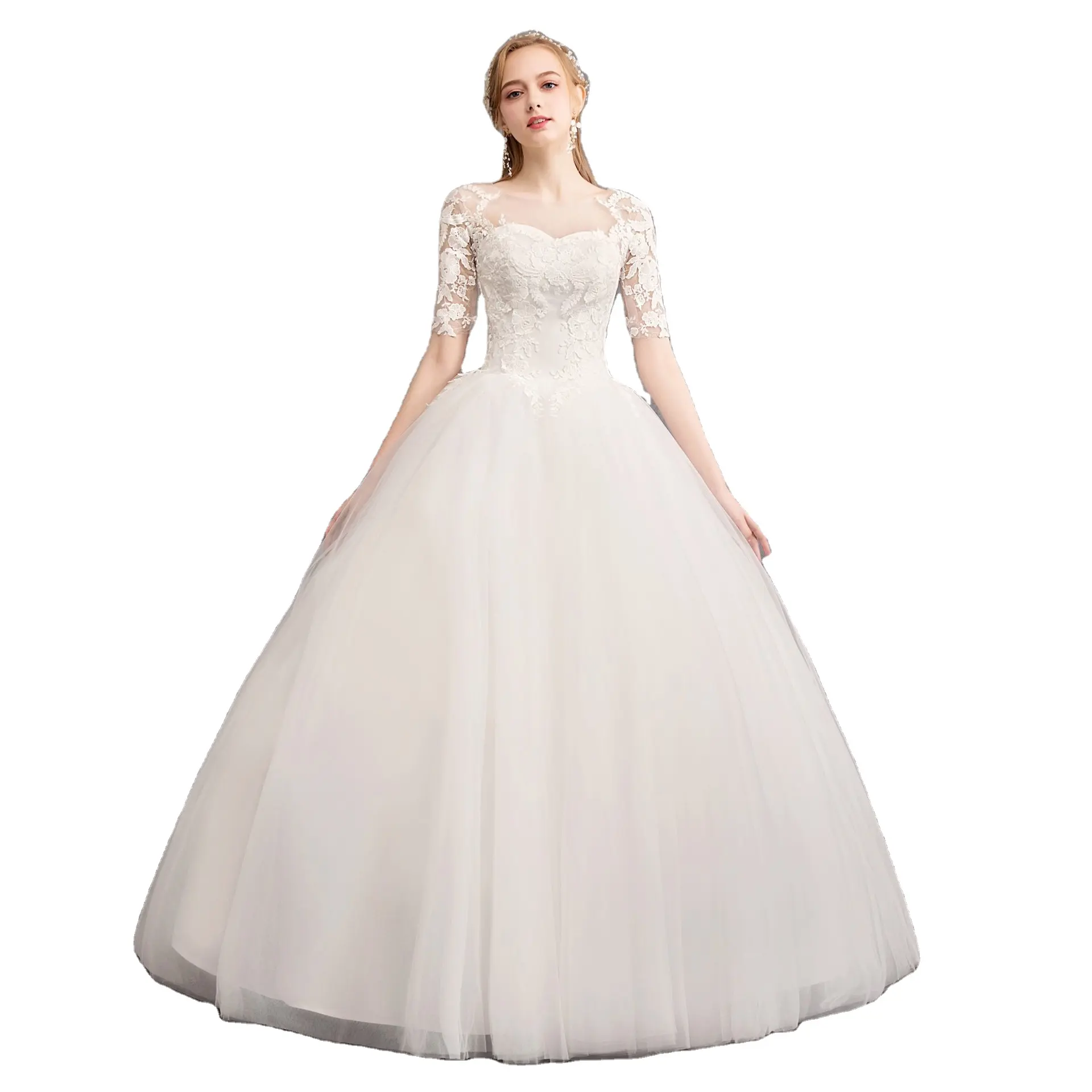 Half Sleeve New Princess Lace Up Cheap Lace Simple Bridal Dress