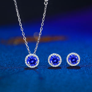 Collana pendente 925 in argento Sterling orecchini a bottone in pietra Tanzanite sintetica blu Set di gioielli da donna per gioielli di san valentino - Product Image 1