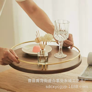 Acacia Wood Round Storage <b>Tray</b> With Brass Handle Solid Color Nordic Style For Hotel Coffee <b>Tea</b> Desktop Use - Product Image 1