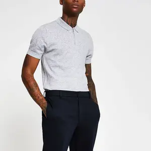 Custom fashion clothes men grey quarter-zip cashmere blend polo shirt for men