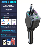 Chargeur de voiture double câble rétractable Type-C 65W PD à charge rapide avec moniteur de tension numérique et allume-cigare multi-ports pour téléphone