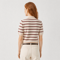 Suéter de punto a rayas para mujer, diseño personalizado ODM OEM, color crema y burdeos, cuello corto, tejido acanalado, venta al por mayor de fábrica.