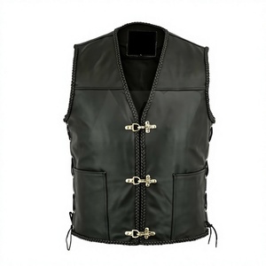 Gilet de motard en cuir véritable respirant pour homme, col en V, couleur unie, avec poches et fermeture latérale à lacets, vêtement d'extérieur d'hiver - Product Image 4