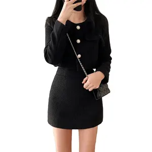 韓国ファッション2ツーピースセットレディース衣装長袖ショートジャケットAラインミニスカートスーツツイードセット女性ツーピース