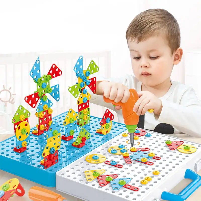 Mainan Puzzle sekrup bor anak-anak, kotak peralatan bor DIY blok bangunan 3D, mainan edukasi mainan anak usia 3-6 tahun