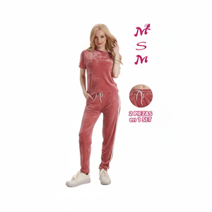 Tuta da Donna in Velluto Tinta Unita con Maniche Corte, Girocollo e Pantaloni con Coulisse, Vestibilità Regolare, Lunghezza Intera, Ideale per l'Autunno - Product Image 1